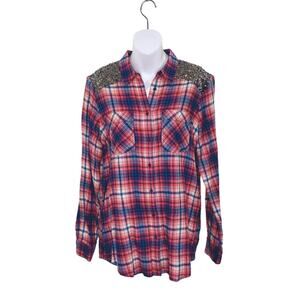 Express Boyfriend Womens Sz M Plaid Shirt Red/Blue Sequin Shoulder Long Sleeved
